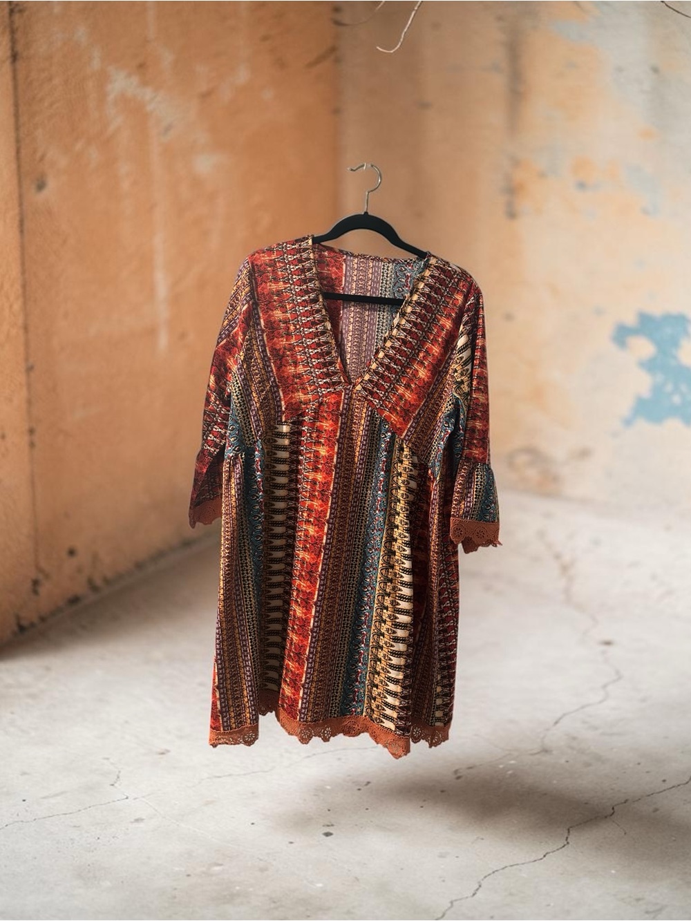 Boho Printed V-Neck Dress Crochet Lace Trim Bell Sleeve Orange Red Multicolor - Picture 5 of 9